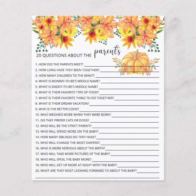 20 Questions about the Parents baby shower game (Front)