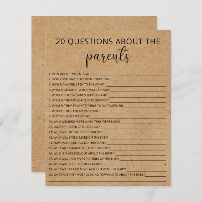 20 Questions about the Parents baby shower game (Front/Back)