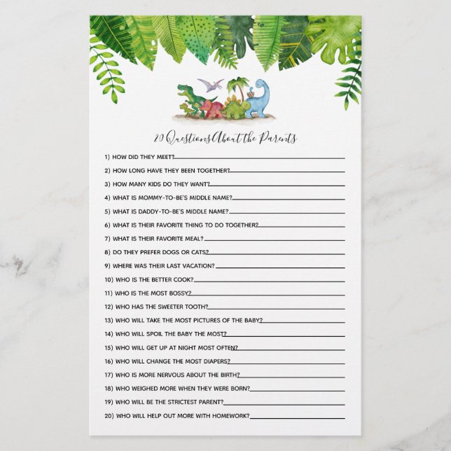 20 Questions Dinosaur Baby Shower Game (Front)
