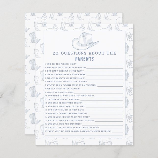 20 Questions of Parents - Cowboy baby shower (Front/Back)