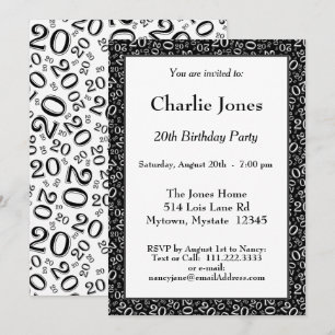 20 - Random Number Pattern Black/White 20th Event Invitation