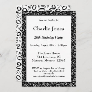 20 - Random Number Pattern Black/White 20th Event Invitation