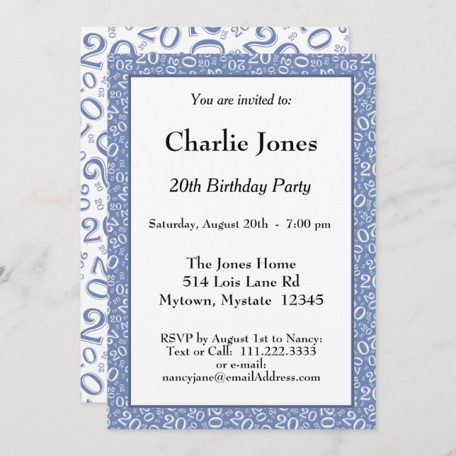 20 - Random Number Pattern Blue/White 20th Event Invitation (Front/Back)