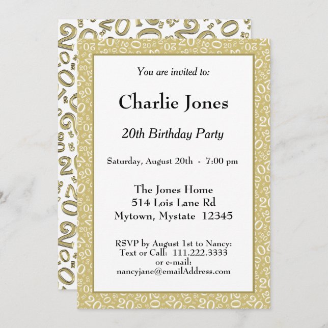20 - Random Number Pattern Gold/White 20th Event Invitation (Front/Back)