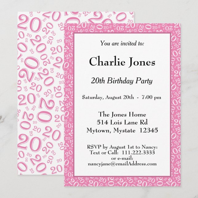 20 - Random Number Pattern Pink/White 20th Event Invitation (Front/Back)