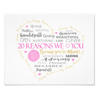 20 Reasons we Love you on Mother's Day. Photo Print