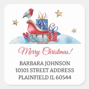 20 Red Sleigh & Gifts, Christmas Address Return Square Sticker