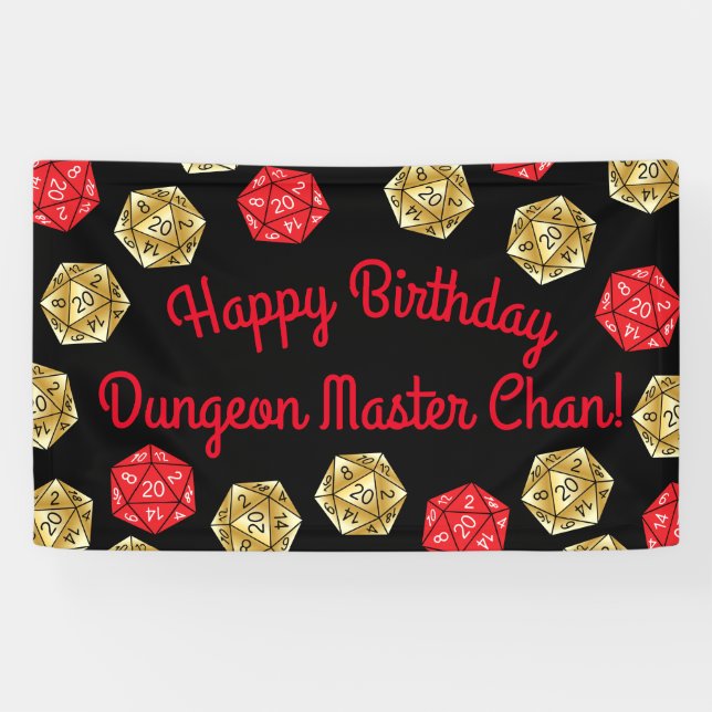 20 Sided Dice DND Game Birthday Party Red Gold Banner (Horizontal)
