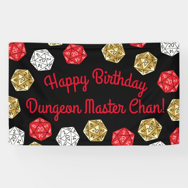 20 Sided Dice DND Game Birthday White Red Gold Banner (Horizontal)