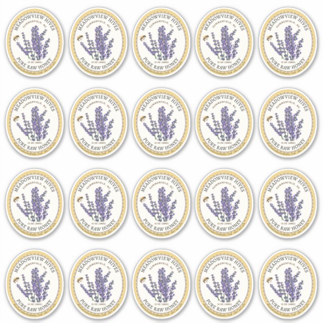 20 Small Jar Oval Lavender Honey Label with Bee (Front)