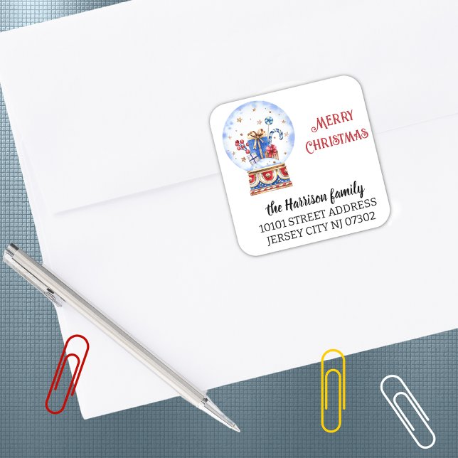 20 Snow Globe Return Address Blue Red Christmas Square Sticker (Creator Uploaded)