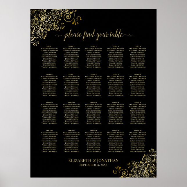 20 Table Black & Gold Frills Wedding Seating Chart (Front)