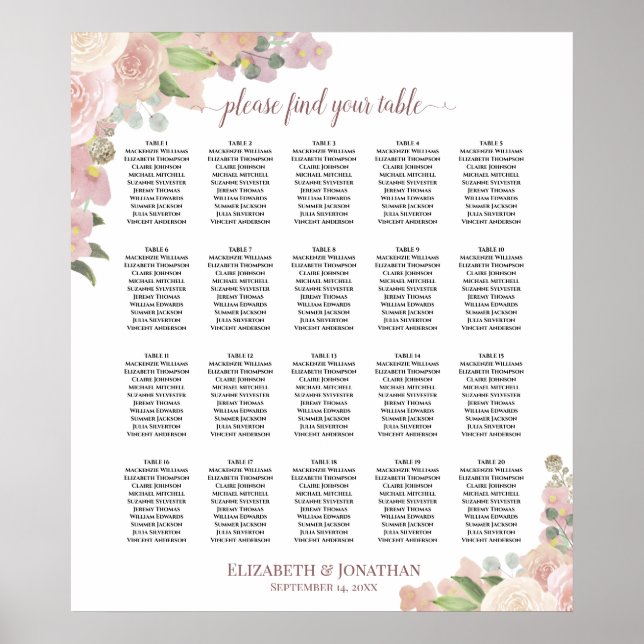 20 Table Dusty Pink Floral Wedding Seating Chart (Front)