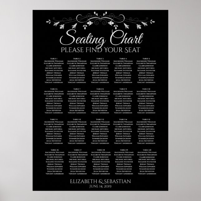 20 Table Elegant Black Wedding Seating Chart (Front)
