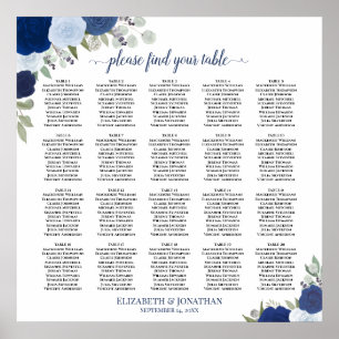 20 Table Elegant Blue Floral Wedding Seating Chart