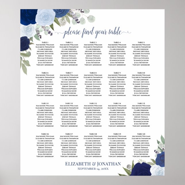 20 Table Elegant Blue Floral Wedding Seating Chart (Front)