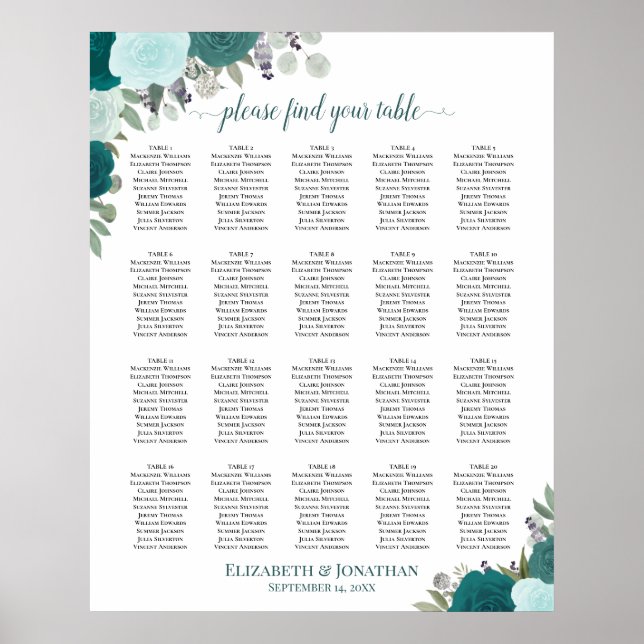 20 Table Elegant Teal Floral Wedding Seating Chart (Front)