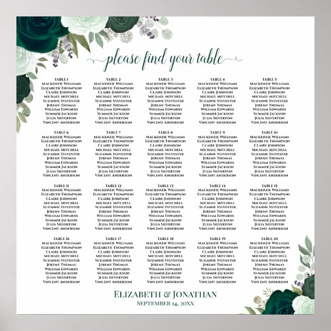 20 Table Emerald Boho Floral Wedding Seating Chart (Front)