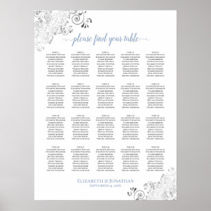 20 Table Frilly Wedding Seating Chart White & Blue
