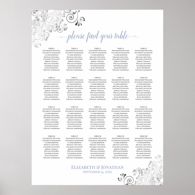 20 Table Frilly Wedding Seating Chart White & Blue (Front)