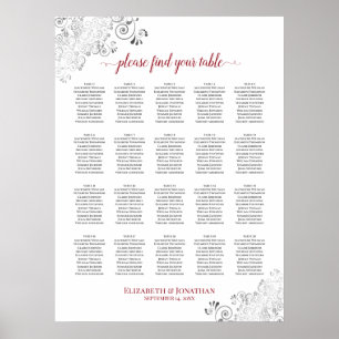 20 Table Frilly Wedding Seating Chart White & Red
