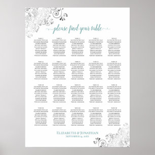20 Table Frilly Wedding Seating Chart White & Teal