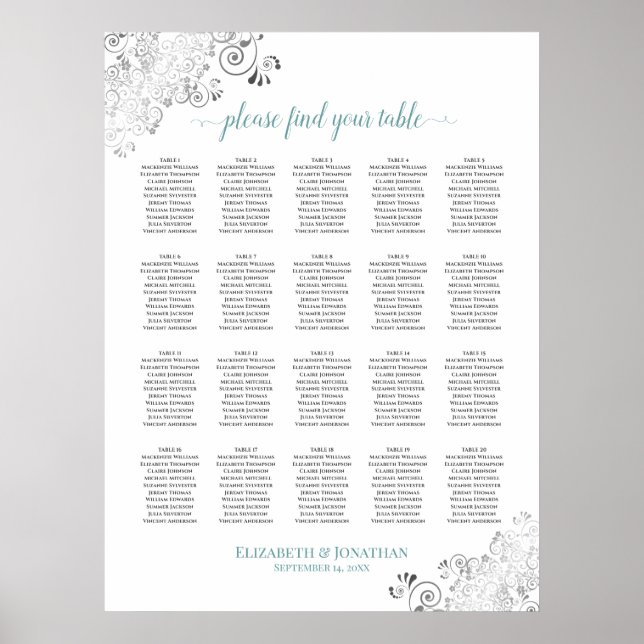 20 Table Frilly Wedding Seating Chart White & Teal (Front)