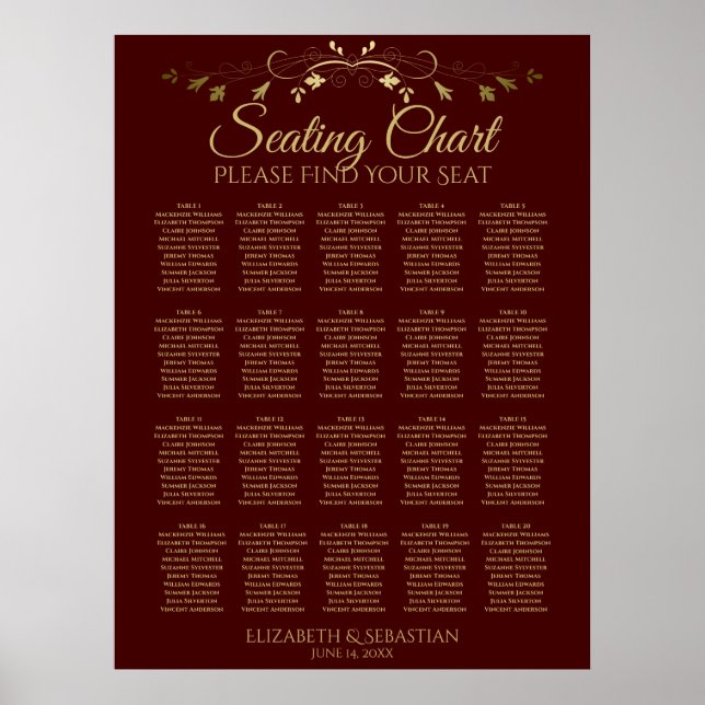 20 Table Gold & Auburn Brown Wedding Seating Chart (Front)