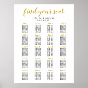 20 Table Gold Colour Wedding Guest Seating Chart