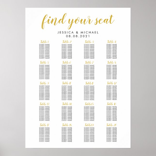 20 Table Gold Colour Wedding Guest Seating Chart (Front)