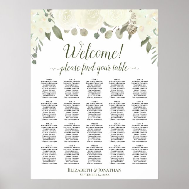 20 Table Ivory White Roses Wedding Seating Chart (Front)