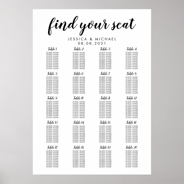 20 Table Large Wedding Guest Seating Chart (Front)