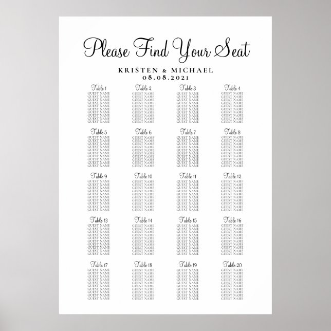 20 Table Large Wedding Guest Seating Chart (Front)