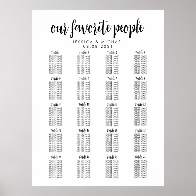 20 Table Large Wedding Guest Seating Chart (Front)