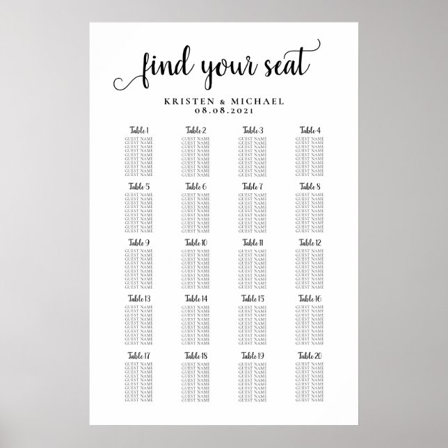 20 Table Large Wedding Guest Seating Chart (Front)