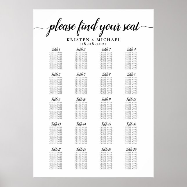 20 Table Large Wedding Guest Seating Chart (Front)