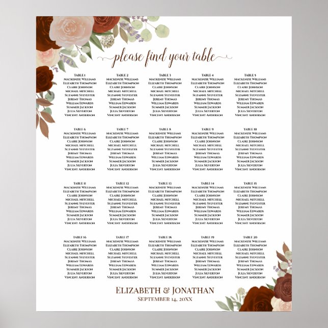 20 Table Rustic Autumn Roses Wedding Seating Chart (Front)