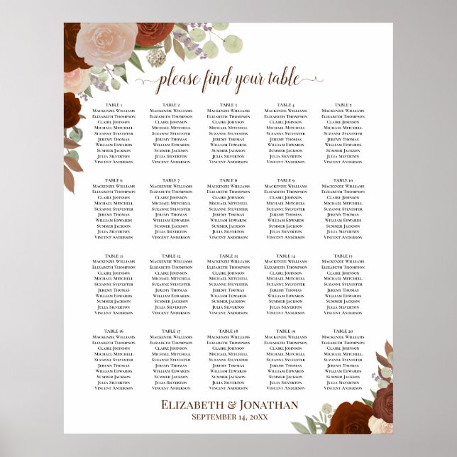 20 Table Rustic Autumn Roses Wedding Seating Chart (Front)