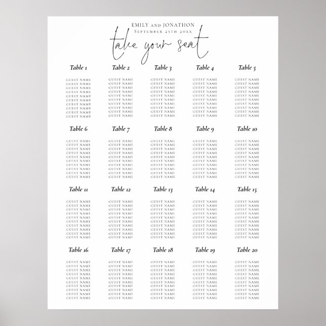 20 Table Script Black and White Seating Chart (Front)