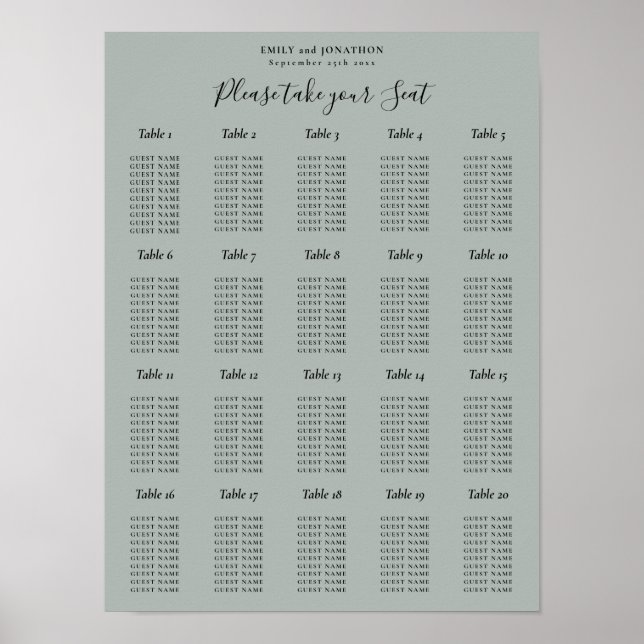 20 Table Seating Chart Sage Green (Front)