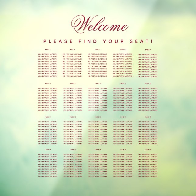 20 Table Seating Chart Transparent Burgundy Script Window Cling (Sheet 3)