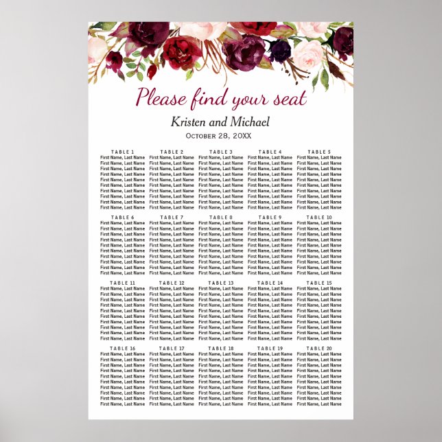20 Tables Burgundy Floral Wedding Seating Chart (Front)