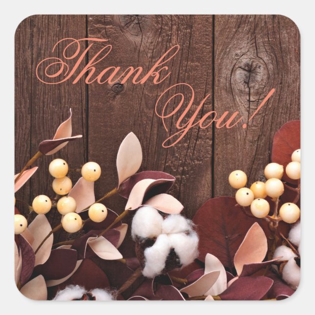 20 Thank You Stickers Cotton Branch on Dark Wood S (Front)