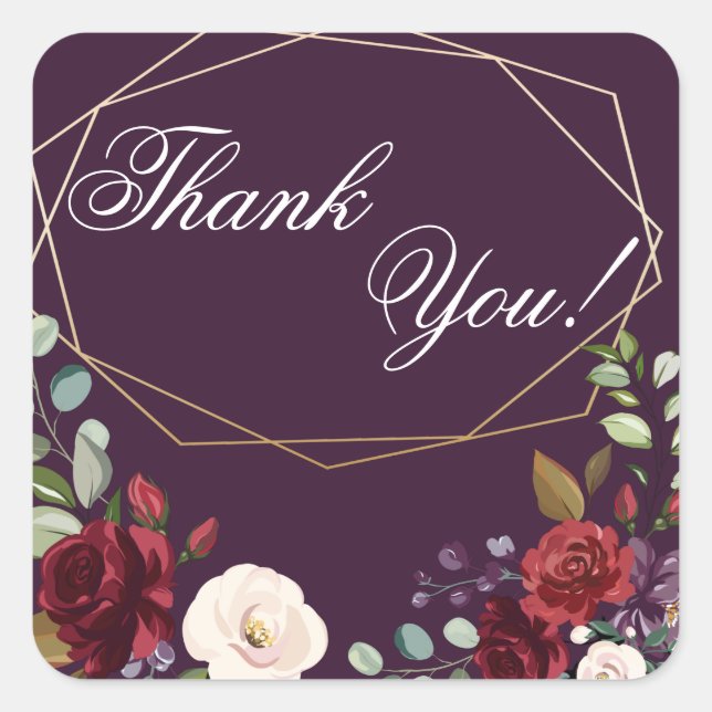 20 Thank You Stickers Plum Purple Roses Gold Geome (Front)
