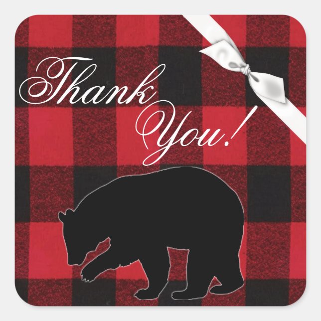 20 Thank You Stickers Red Buffalo Plaid Bear Black (Front)