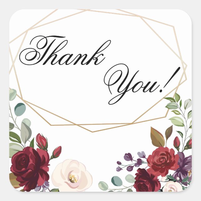 20 Thank You Stickers White Roses Gold Geometric (Front)