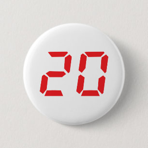 20 twenty red alarm clock digital number 6 cm round badge