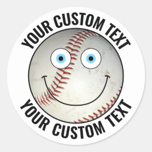 20 x Baseball Personalised Text Custom Happy Face Classic Round Sticker