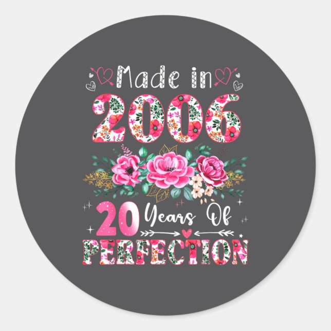 20 Year Old Made In 2006 Floral 20th Birthday Wome Classic Round Sticker (Front)