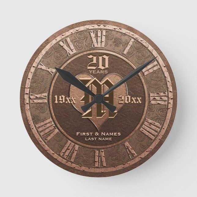 20 Year Vintage Copper Look Wedding Anniversary  Round Clock (Front)